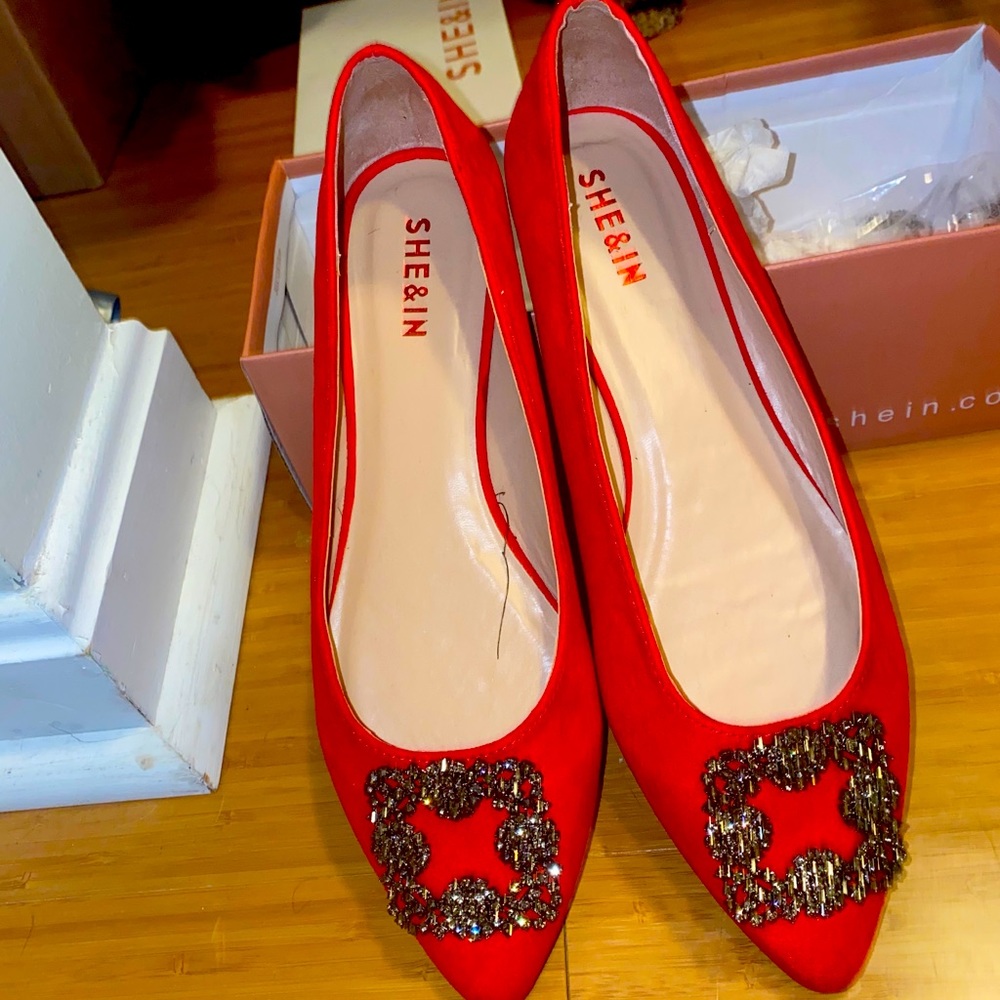Red Ballet Flats with Crystal Detail